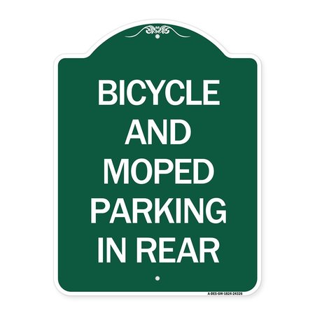 SIGNMISSION Bicycle and Moped Parking in Rear, Green & White Aluminum Sign, 18" x 24", GW-1824-24326 A-DES-GW-1824-24326